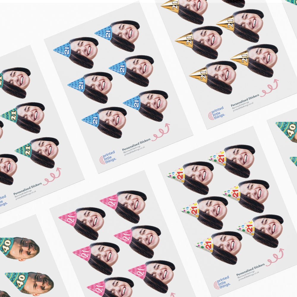 Personalised Birthday Party Hat Face Shaped Stickers