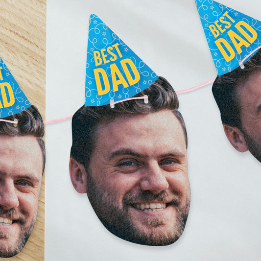 Personalised Face Bunting featuring a smiling Dad’s face on decorative bunting.