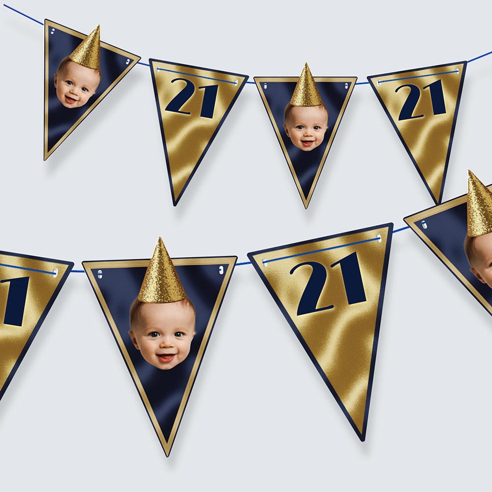 Personalised Navy and Gold Birthday Party Hat Photo Bunting