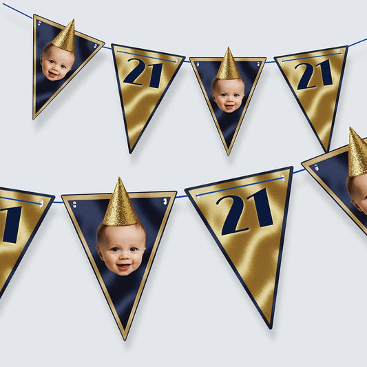 Personalised Navy and Gold Birthday Party Hat Photo Bunting