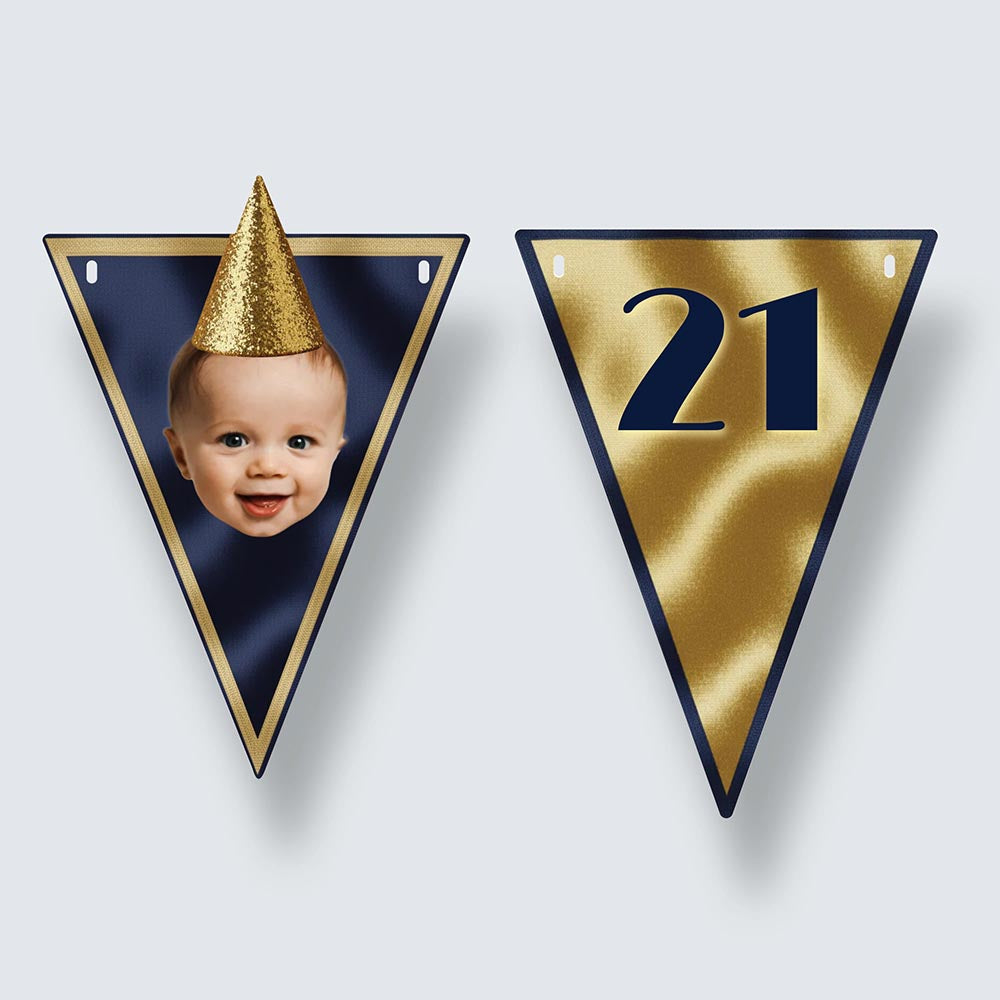Personalised Navy and Gold Birthday Party Hat Photo Bunting