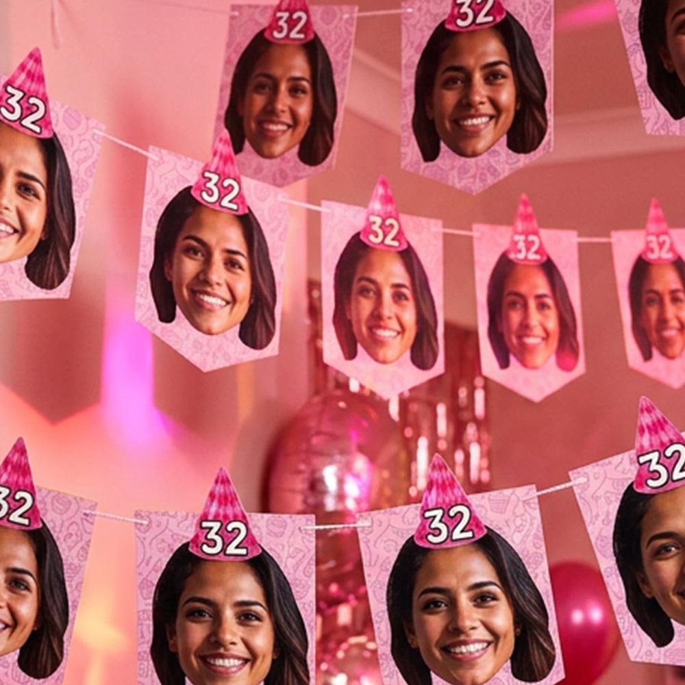 Birthday Party Hat Personalised Bunting Pink