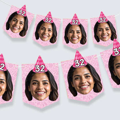 Birthday Party Hat Personalised Bunting Pink