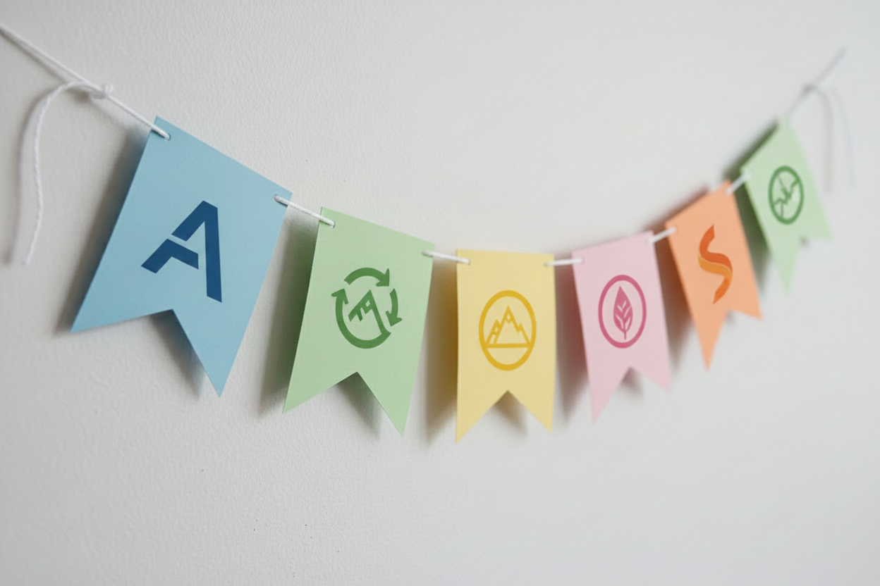 Colorful paper banner with letter and symbol designs on a white background